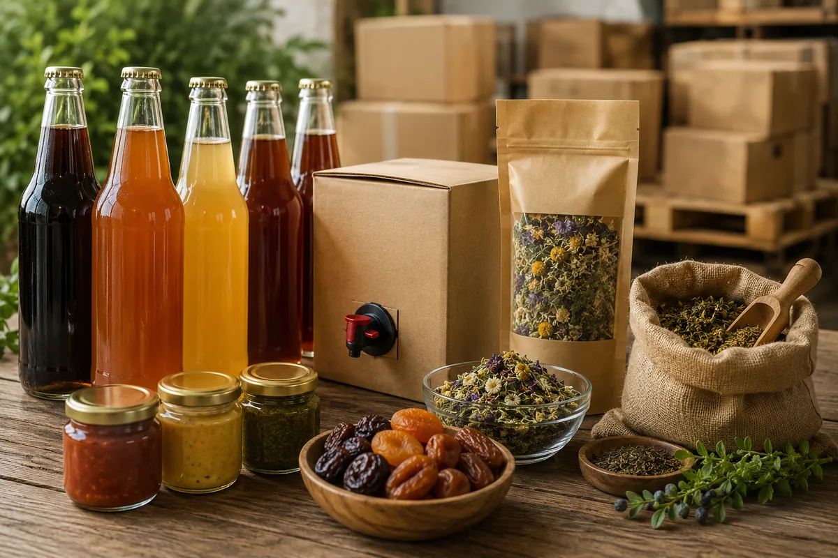 Ассортимент натуральных продуктов оптом — квас, соки, чай, сухофрукты, соусы